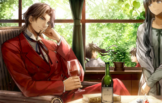 Man woman table wine bottle 3 - a man and a woman sitting free wallpaper