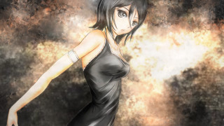 Woman black dress dark background - half free wallpaper