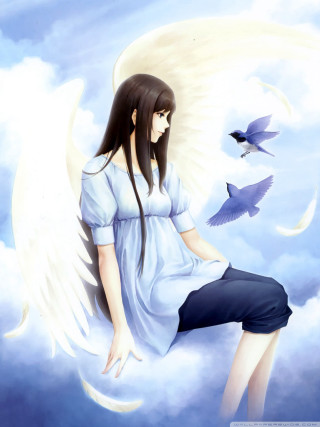 Woman sitting cloud bird flying - a cloud free wallpaper for mobile