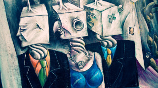 Man masks woman cross painting - dystopian art free wallpaper