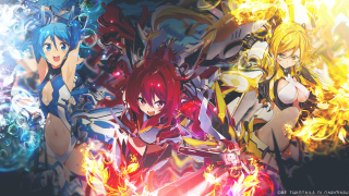 Anime girls fire flames surrounded - one girl holding free wallpaper