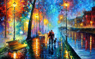 Rainy street night impressionism couple - a rain free wallpaper