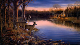 Deer lake sunset house boat - edward lamson henry free wallpaper