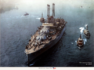 Large ship military waterfront sunrise - american scene painting free wallpaper