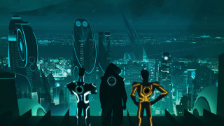 Group people city night neon - a futuristic city in the background free wallpaper
