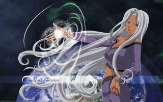 Woman long white hair purple 5 - a planet in the background free wallpaper