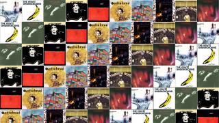 Collage colored records man woman - maximalist free wallpaper for desktop