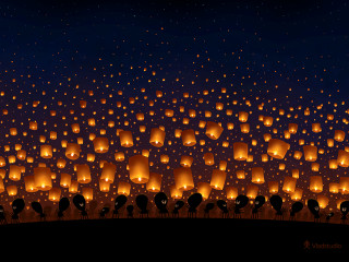 Lanterns field night sky trees - firefly free wallpaper