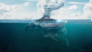 Whale swimming ocean volcano bird - massurrealism free wallpaper