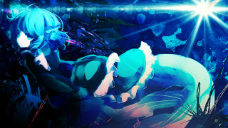 Woman blue dress holding cat 2 - chromatic free wallpaper