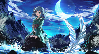 Woman green dress water moon - a moon in the background free wallpaper for desktop
