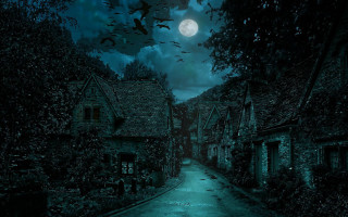 Dark alley full moon bats - overhead in the sky above free wallpaper