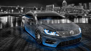 Blue car city skyline night - matte drawing free wallpaper for desktop
