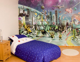 Space station bedroom blue comforter - hypermaximalist free wallpaper