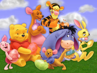 Winnie the pooh characters field - a blue sky background free wallpaper for desktop
