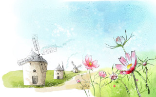 Windmill field flowers blue sky - beatrix potter free wallpaper