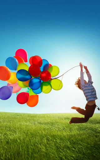 Person jumping balloons blue sky 2 - free happy birthday wallpaper for mobile
