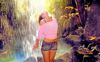 Woman waterfall pinkshirt denim shorts - waterfall free wallpaper for desktop