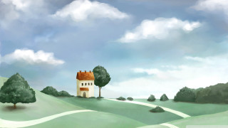 House hill trees clouds painting - a painting of a house free wallpaper