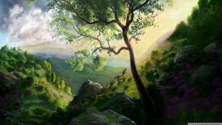Tree mountainous area sky clouds - matte fantasy painting free wallpaper for desktop