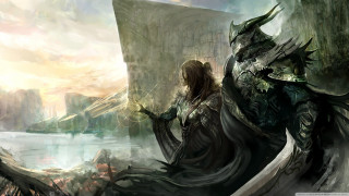 Woman dress rock dragon castle - magic free wallpaper