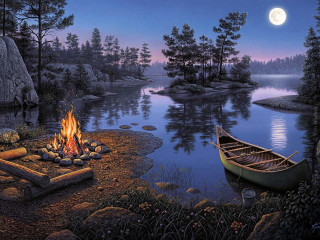 Boat lake campfire canoe full - a painting of a boat free wallpaper