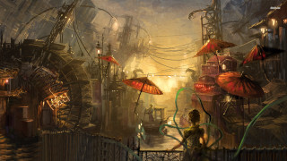 Woman umbrella city buildings hanging - a painting of a woman holding free wallpaper