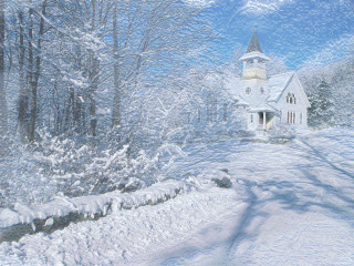 White church snowy forest path 2 - matte painting free wallpaper