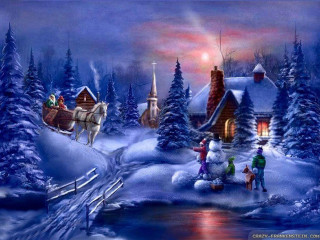Christmas sleigh snow house person - thomas kindkade free wallpaper