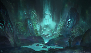 Man cave stream waterfall painting - a cave free wallpaper