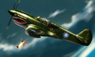 Green airplane shark mouth flying - matte drawing free wallpaper for desktop