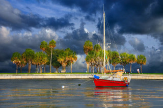 Red boat lake cloudy sky - stormy weather free wallpaper