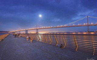 Bridge water night people walking - a body of water free wallpaper