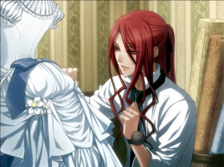 Woman red hair man white - curtain free wallpaper