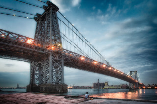 Bridge lights person sitting ground - christo free wallpaper for desktop