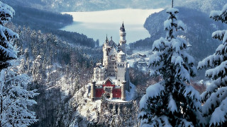 Castle snowy forest lake trees - german romanticism free wallpaper