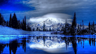 Mountain snow peak trees lake - bob ross free wallpaper