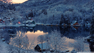 Lake snow trees mountain village - a lake free wallpaper