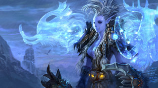 Woman blue hair dragon head - sword free wallpaper