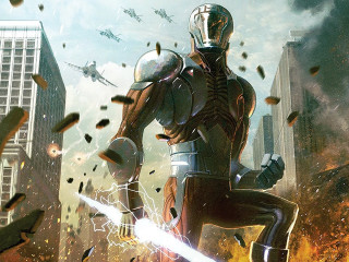 Futuristic man suit sword city - debris free wallpaper