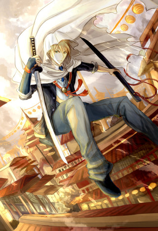 Woman sword city buildings clouds - building free wallpaper for mobile