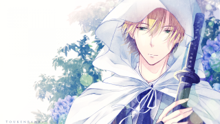 Man white cloak sword bush - blue flower free wallpaper