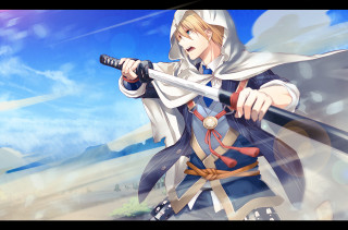 Man hooded outfit holding sword - outfit holding free wallpaper for desktop