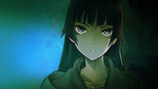 Girl long hair blue eyes 8 - a green background behind her free wallpaper