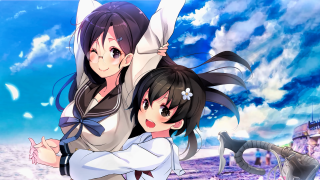 Anime girls hugging blue sky - the back free wallpaper