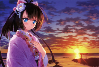 Girl kimono beach sunset boat - a beach free wallpaper