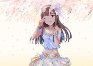 Woman blue dress tree pink 3 - luminous free wallpaper