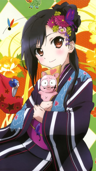 Woman kimono holding pig bird - her hand and a bird free wallpaper