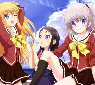 Anime girls beach wine glasses - one holding free wallpaper for tablet