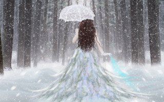 Woman white dress umbrella snow 3 - an umbrella in the snow free wallpaper